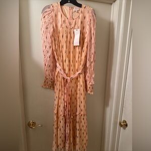 NWT Ciebon Eryn Blush Metallic Print Tie Waist Long Sleeve Maxi Dress Women’s s